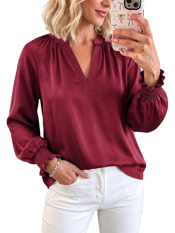 Women's Satin Blouses V Neck Long Sleeve Tops Dressy Silk Shirts, Smocked Cuff, Balloon Sleeves, Smooth & Soft, Work Office Wear, Fall Clothes