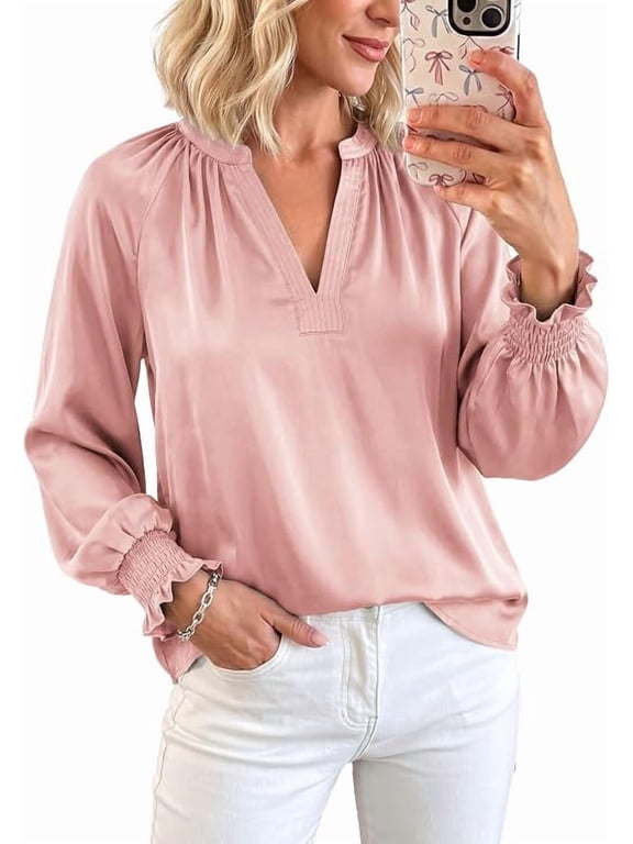 Women's Satin Blouses V Neck Long Sleeve Tops Dressy Silk Shirts, Smocked Cuff, Balloon Sleeves, Smooth & Soft, Work Office Wear, Fall Clothes