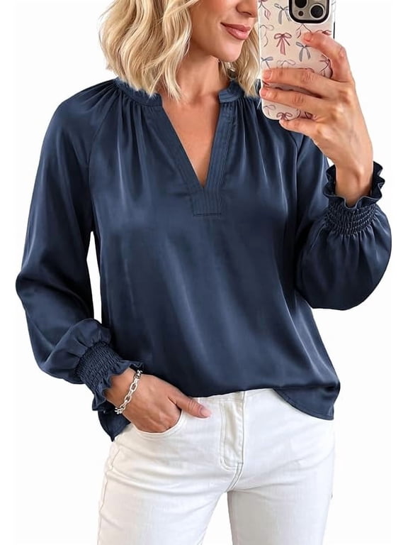 Women's Satin Blouses V Neck Long Sleeve Tops Dressy Silk Shirts, Smocked Cuff, Balloon Sleeves, Smooth & Soft, Work Office Wear, Fall Clothes