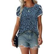 PRETTYGARDEN Women's Shirts Summer Casual Crewneck Lace Crochet Short Sleeve Blouses Cute Floral Print Loose Tunic Tops