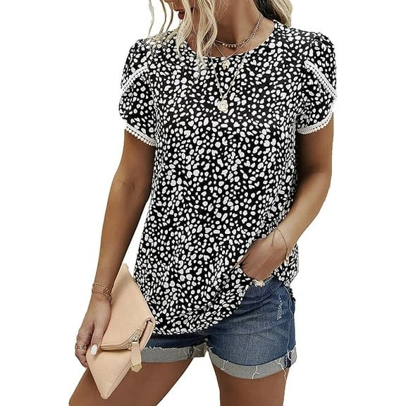 PRETTYGARDEN Women's Shirts Summer Casual Crewneck Lace Crochet Short Sleeve Blouses Cute Floral Print Loose Tunic Tops