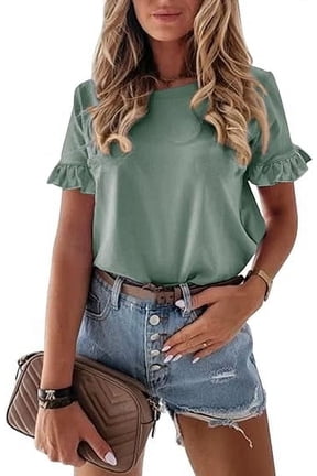 Women's Short Sleeve Casual T Shirts Summer Ruffle Plain Round Neck Loose Fit Tee Blouse Tops