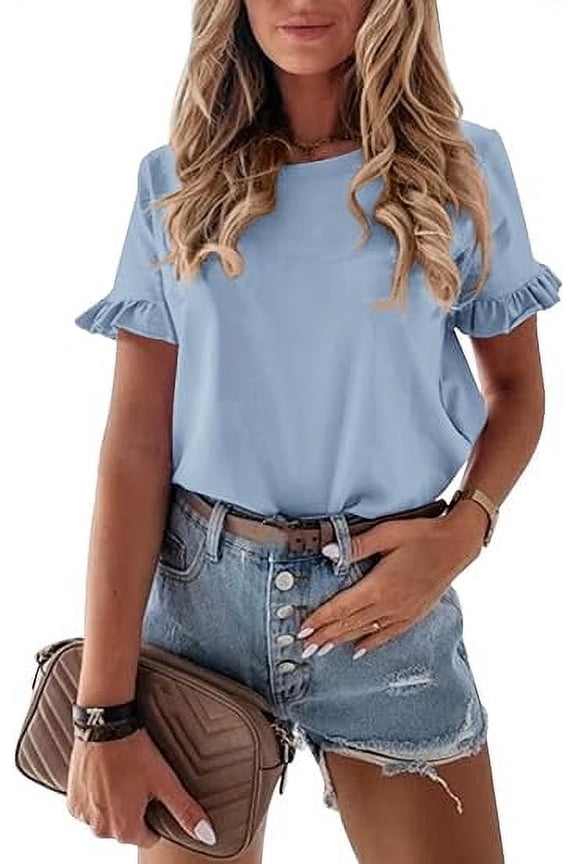 Women's Short Sleeve Casual T Shirts Summer Ruffle Plain Round Neck Loose Fit Tee Blouse Tops
