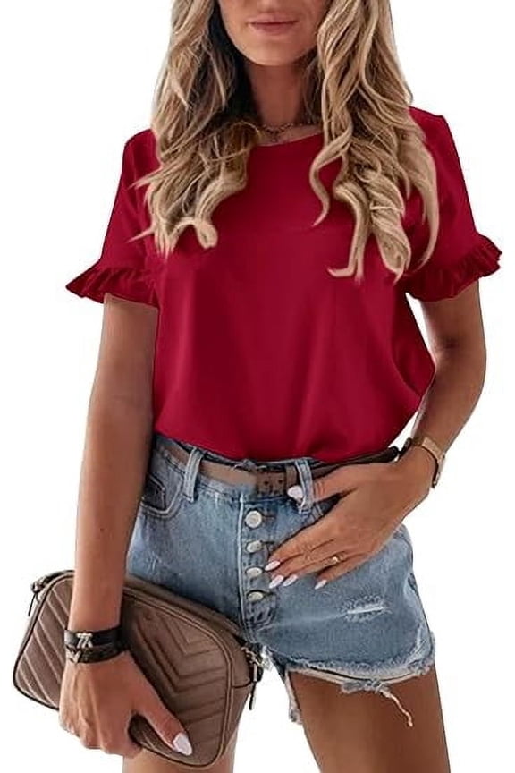 Women's Short Sleeve Casual T Shirts Summer Ruffle Plain Round Neck Loose Fit Tee Blouse Tops