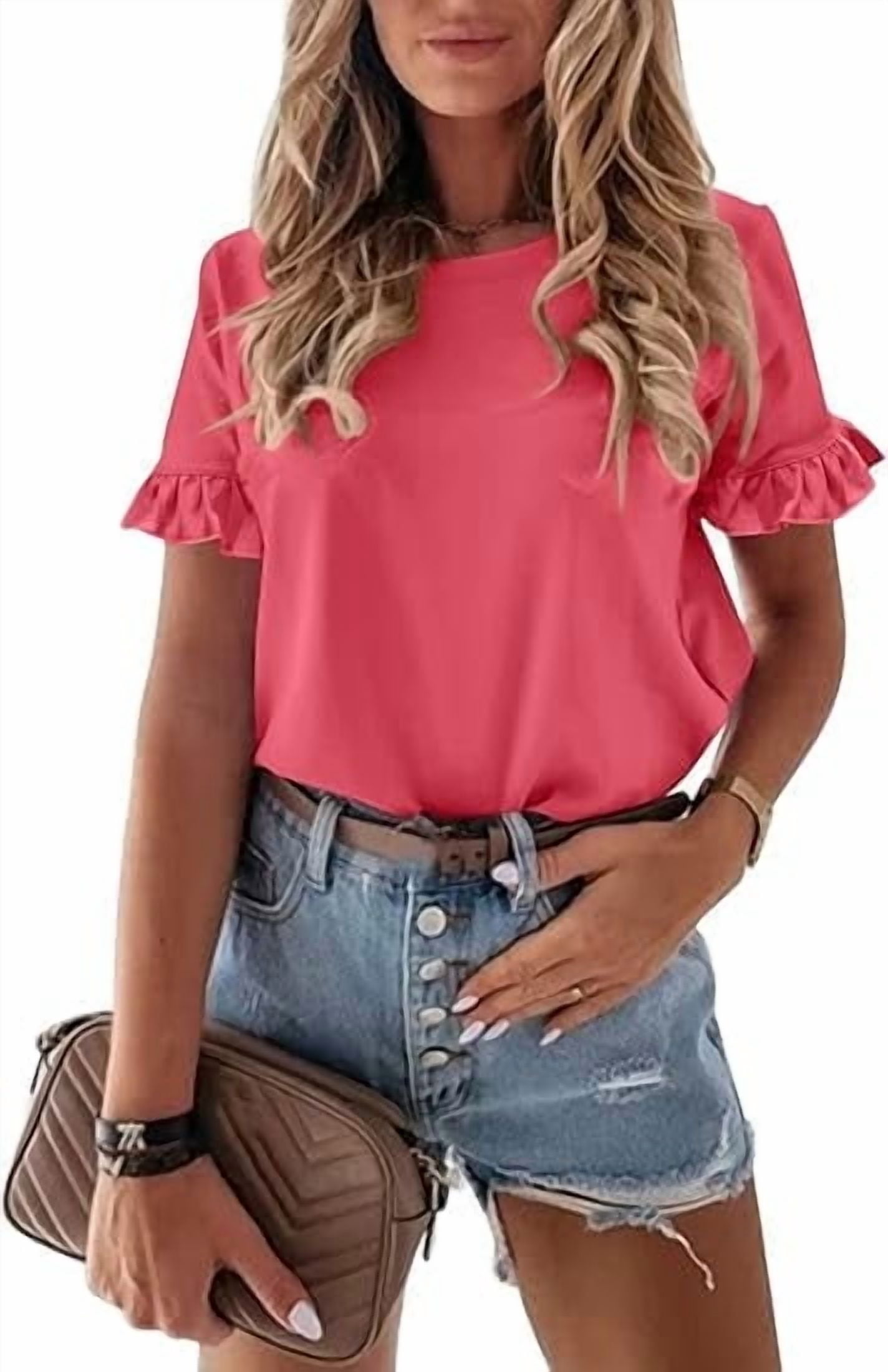 Round Neck With Ruffles PRETTYGARDEN Women's Short Sleeve Ruffle Casual Tops, Round Neck, Loose ...