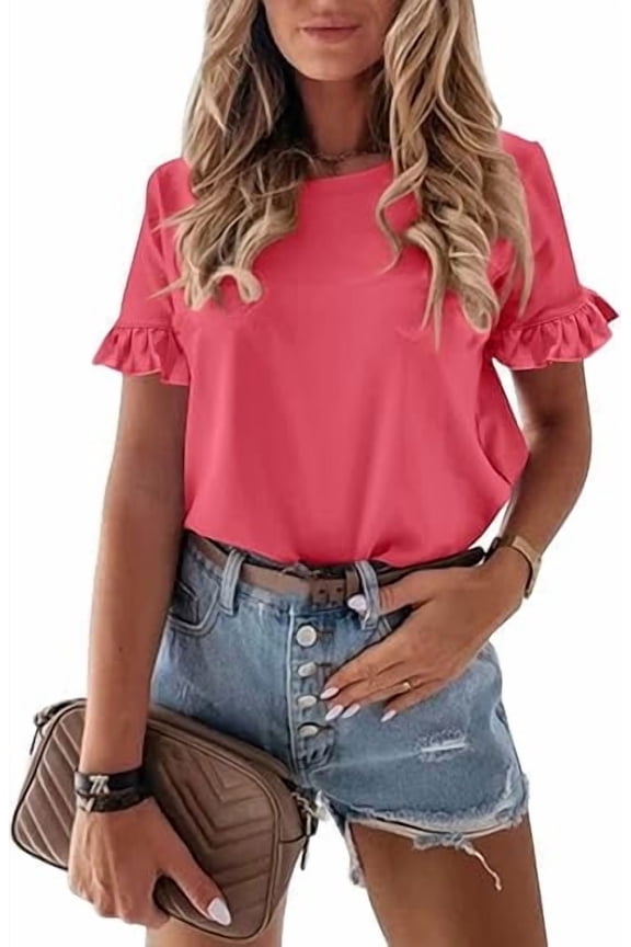 Women's Short Sleeve Casual T Shirts Summer Ruffle Plain Round Neck Loose Fit Tee Blouse Tops