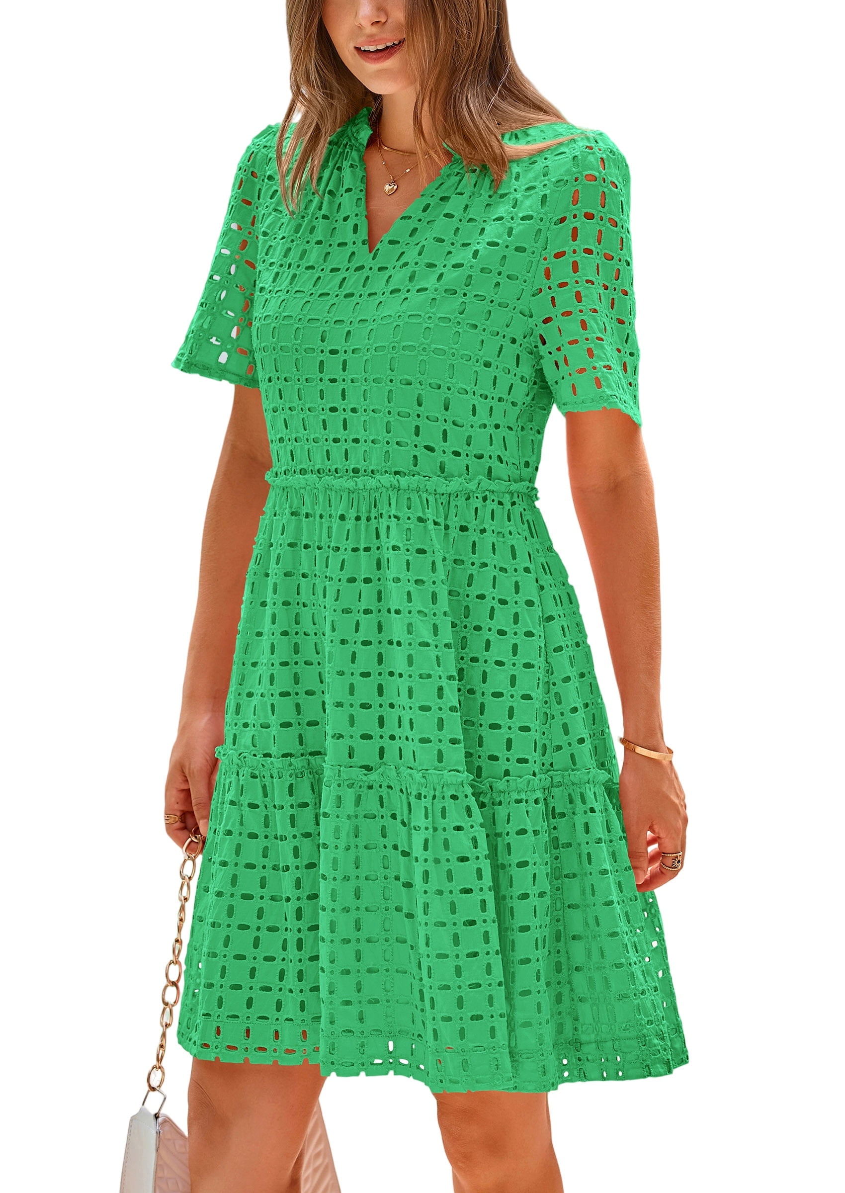 Women's Mini Dress Pearl Trim Short Sleeve Round Neck Pockets A-Line