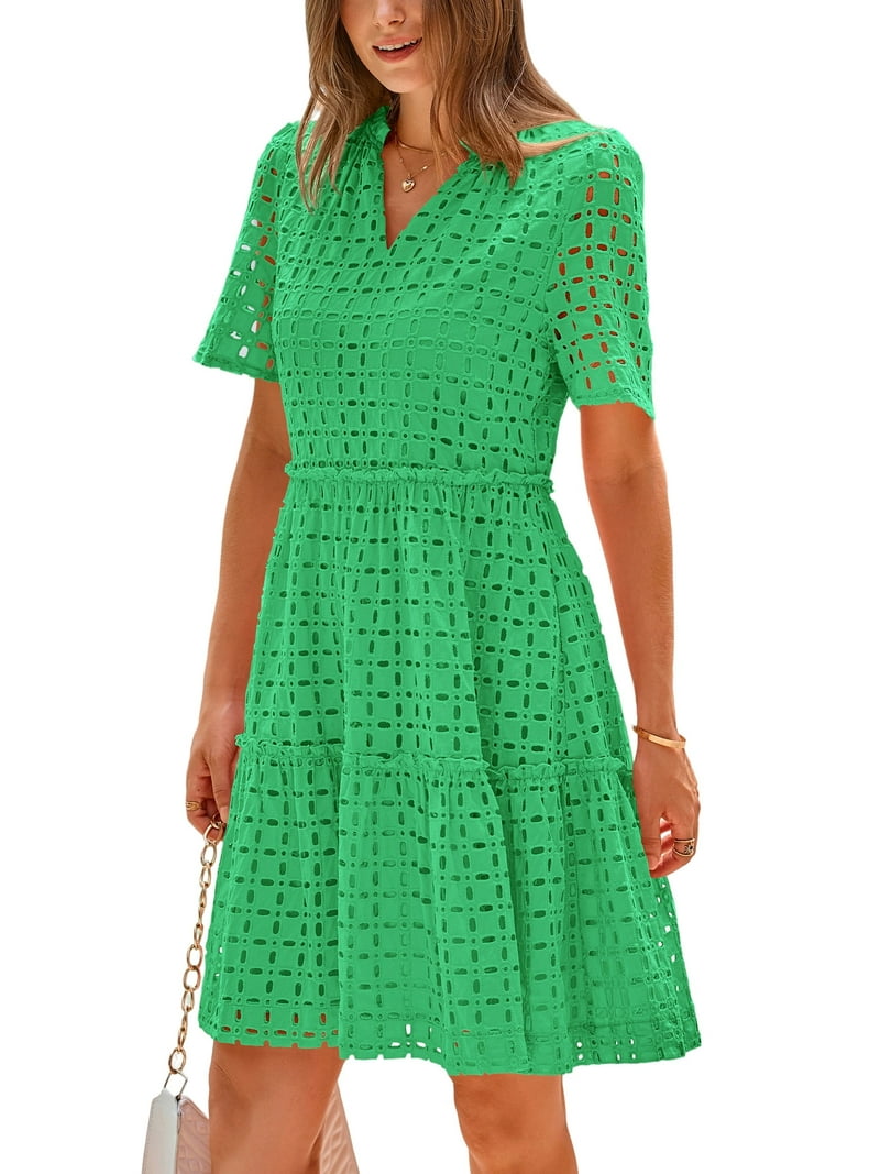 PRETTYGARDEN Women's Short Sleeve Mini Dress Summer V Neck Hollow