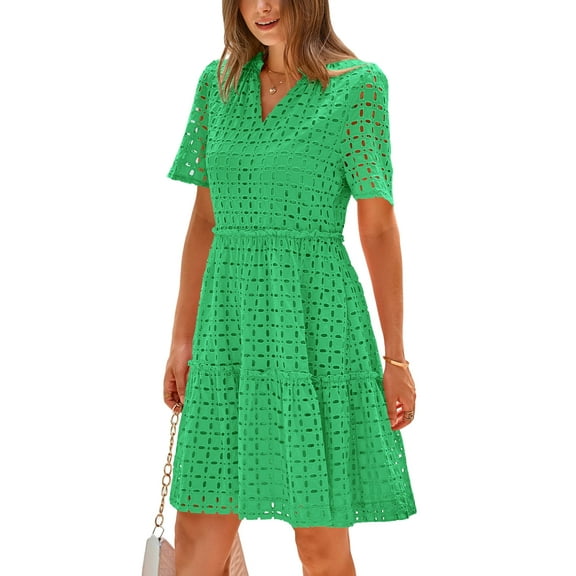 PRETTYGARDEN Women's Short Sleeve Mini Dress Summer V Neck Hollow Out Eyelet Ruffle A Line Swing Short Dresses