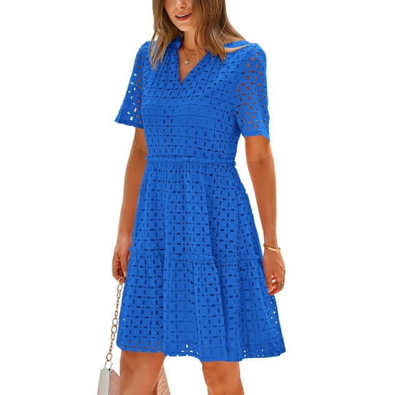 PRETTYGARDEN Women's Short Sleeve Mini Dress Summer V Neck Hollow Out Eyelet Ruffle A Line Swing Short Dresses