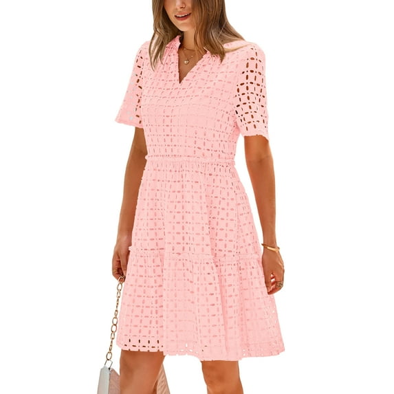 PRETTYGARDEN Women's Short Sleeve Mini Dress Summer V Neck Hollow Out Eyelet Ruffle A Line Swing Short Dresses