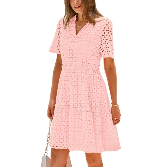 PRETTYGARDEN Women's Short Sleeve Mini Dress Summer V Neck Hollow Out Eyelet Ruffle A Line Swing Short Dresses