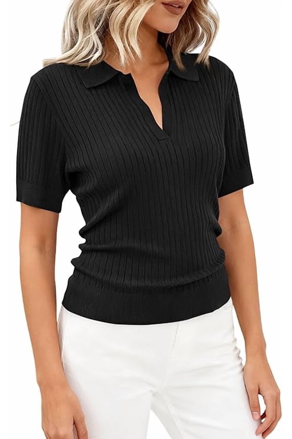 Women's Short Sleeve Sweater Spring Polo Shirts Ribbed Knit V Neck Business Casual Tops Summer Work Clothes