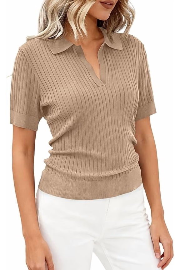 Women's Short Sleeve Sweater Spring Polo Shirts Ribbed Knit V Neck Business Casual Tops Summer Work Clothes
