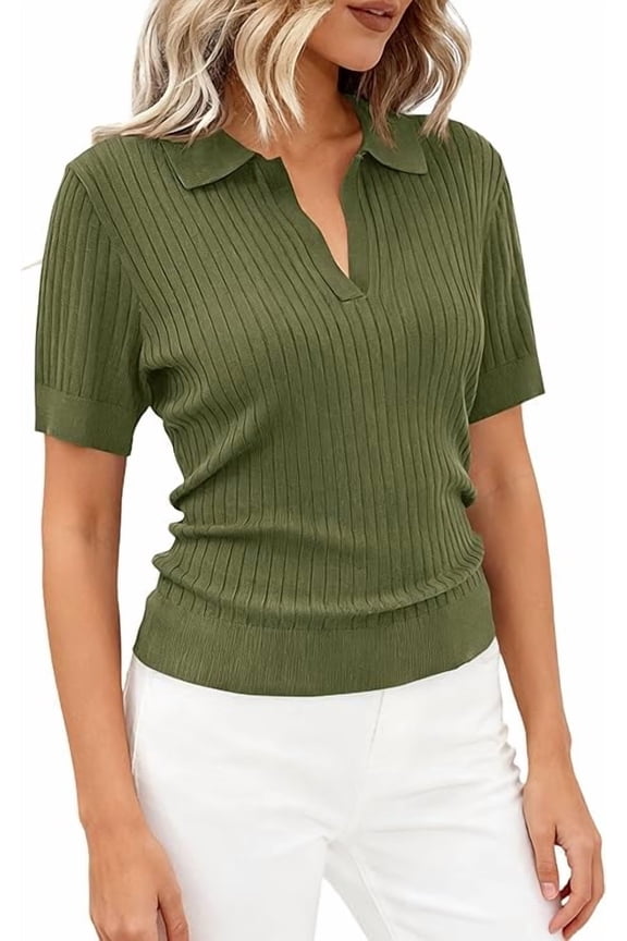 Women's Short Sleeve Sweater Spring Polo Shirts Ribbed Knit V Neck Business Casual Tops Summer Work Clothes