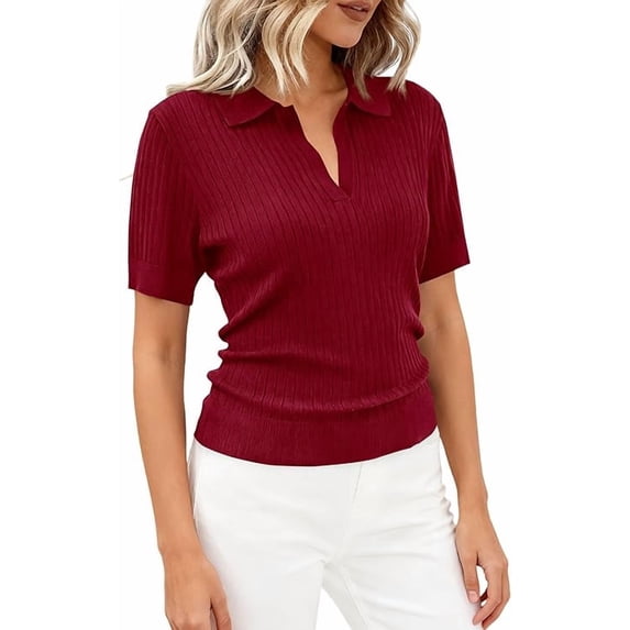 PRETTYGARDEN Women's Short Sleeve Sweater Spring Polo Shirts Ribbed Knit V Neck Business Casual Tops Summer Work Clothes