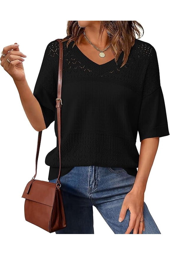 Women's Short Sleeve Sweater Tops Spring Summer Casual V Neck Ribbed Knit Trendy Eyelet Blouse T Shirts