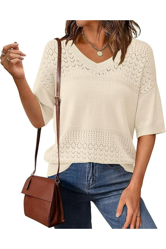 Women's Short Sleeve Sweater Tops Spring Summer Casual V Neck Ribbed Knit Trendy Eyelet Blouse T Shirts