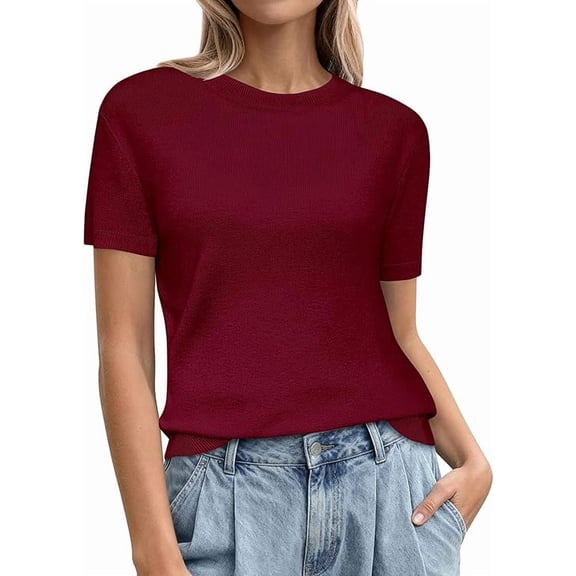 PRETTYGARDEN Women's Short Sleeve Sweaters Spring Crew Neck Knit Work Shirts Business Casual Tops Summer Fashion Clothes