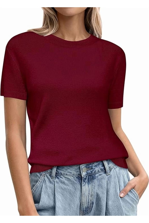 Women's Short Sleeve Sweaters Spring Crew Neck Knit Work Shirts Business Casual Tops Summer Fashion Clothes