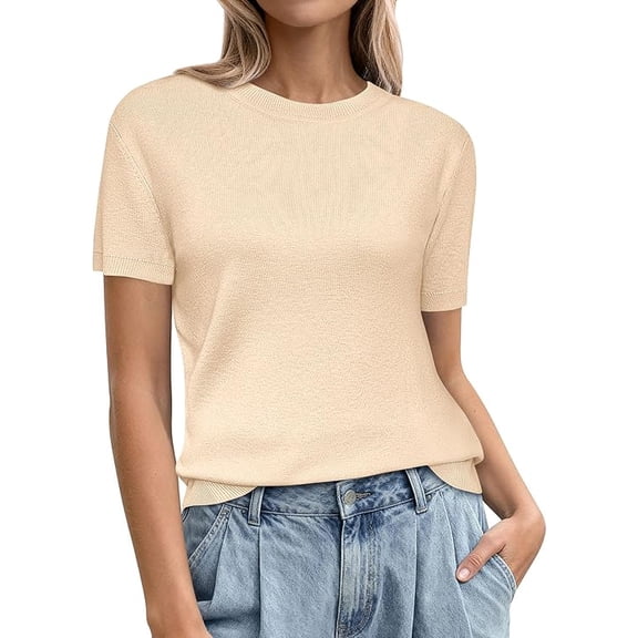 PRETTYGARDEN Women's Short Sleeve Sweaters Spring Crew Neck Knit Work Shirts Business Casual Tops Summer Fashion Clothes