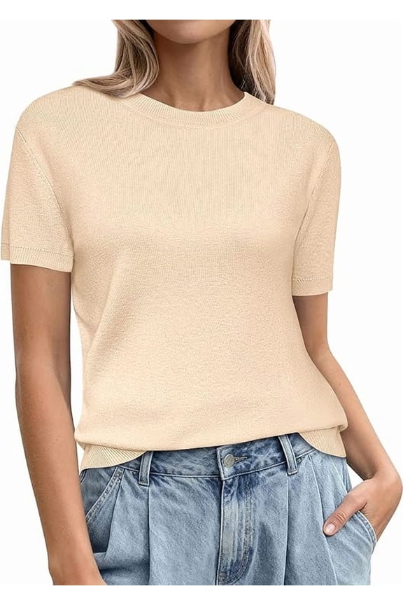Women's Short Sleeve Sweaters Spring Crew Neck Knit Work Shirts Business Casual Tops Summer Fashion Clothes
