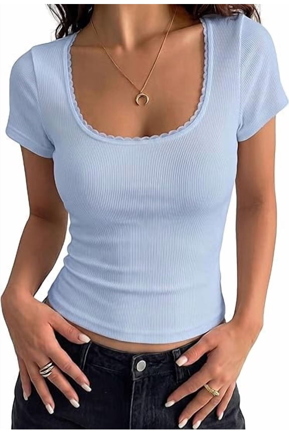 Women's Short Sleeve Tops Summer Lace Trim Square Neck Slim Fitted Going Out Basic Tee Shirts Y2K Clothes