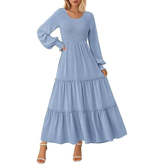 PRETTYGARDEN Women's Smocked Maxi Dress Spring Casual Long Sleeve Swiss Dot Ruffle Long Flowy Going Out Dresses with Pockets