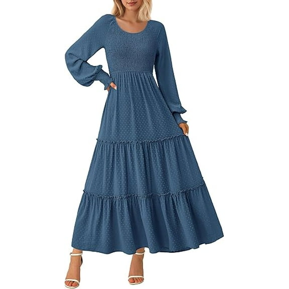 PRETTYGARDEN Women's Smocked Maxi Dress Spring Casual Long Sleeve Swiss Dot Ruffle Long Flowy Going Out Dresses with Pockets
