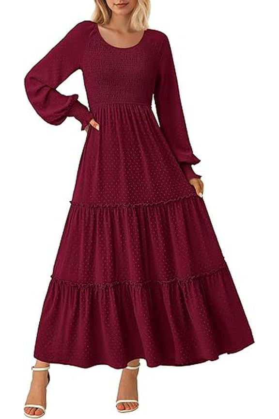Women's Smocked Maxi Dress Spring Casual Long Sleeve Swiss Dot Ruffle Long Flowy Going Out Dresses with Pockets