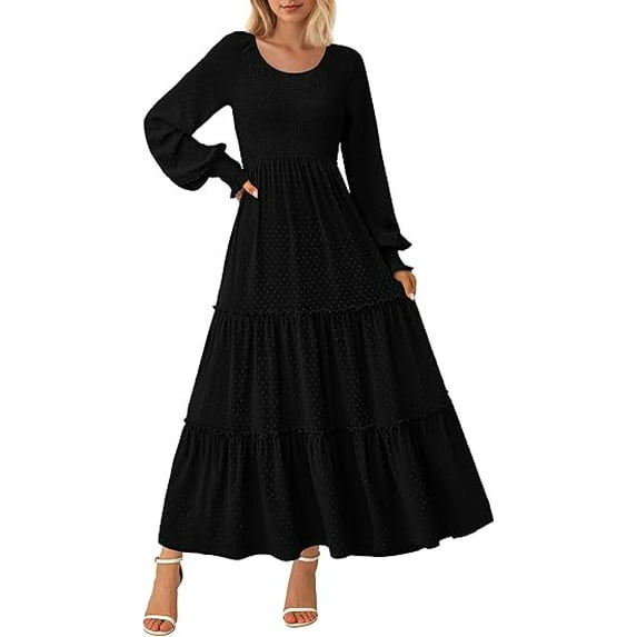 PRETTYGARDEN Women's Smocked Maxi Dress Spring Casual Long Sleeve Swiss Dot Ruffle Long Flowy Going Out Dresses with Pockets