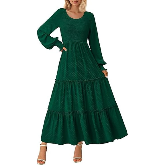 PRETTYGARDEN Women's Smocked Maxi Dress Spring Casual Long Sleeve Swiss Dot Ruffle Long Flowy Going Out Dresses with Pockets