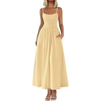 PRETTYGARDEN Women's Smocked Maxi Dresses Summer Beach Sundress Casual Spaghetti Strap Swing A Line Long Flowy Dress