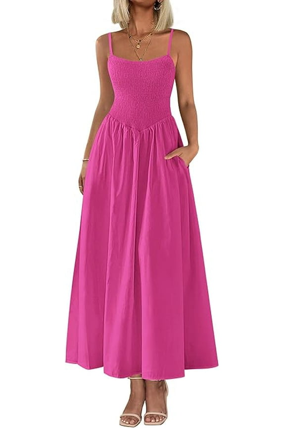 Women's Smocked Maxi Dresses Summer Beach Sundress Casual Spaghetti Strap Swing A Line Long Flowy Dress