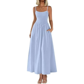 PRETTYGARDEN Women's Smocked Maxi Dresses Summer Beach Sundress Casual Spaghetti Strap Swing A Line Long Flowy Dress