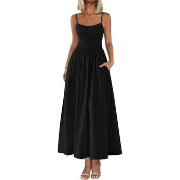 PRETTYGARDEN Women's Smocked Maxi Dresses Summer Beach Sundress Casual Spaghetti Strap Swing A Line Long Flowy Dress