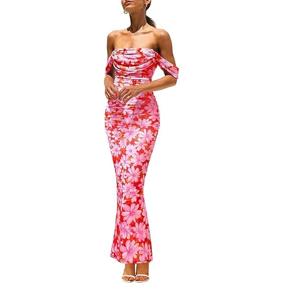 PRETTYGARDEN Women's Floral Maxi Dress 2025 Summer Off Shoulder Mesh Elegant Cocktail Party Ruched Bodycon Dresses