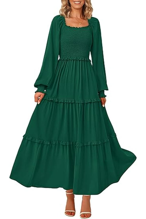 Women's Smocked Spring Maxi Dress Casual Fall Long Sleeve Square Neck Tiered A Line Flowy Dresses with Pockets