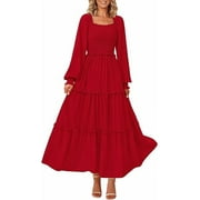 PRETTYGARDEN Women's Smocked Spring Maxi Dress Casual Fall Long Sleeve Square Neck Tiered A Line Flowy Dresses with Pockets