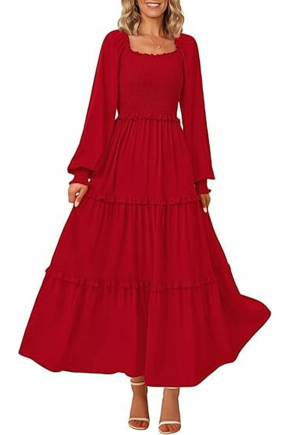 Women's Smocked Spring Maxi Dress Casual Fall Long Sleeve Square Neck Tiered A Line Flowy Dresses with Pockets