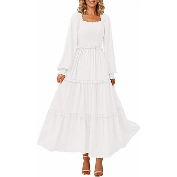 PRETTYGARDEN Women's Smocked Spring Maxi Dress Casual Fall Long Sleeve Square Neck Tiered A Line Flowy Dresses with Pockets