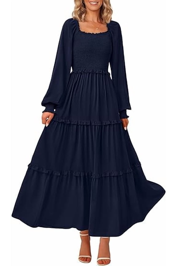 Women's Smocked Spring Maxi Dress Casual Fall Long Sleeve Square Neck Tiered A Line Flowy Dresses with Pockets