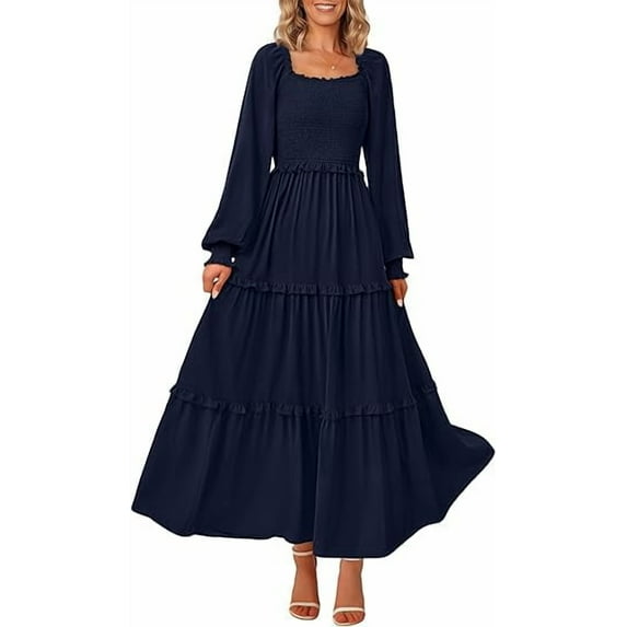 PRETTYGARDEN Women's Smocked Spring Maxi Dress Casual Fall Long Sleeve Square Neck Tiered A Line Flowy Dresses with Pockets