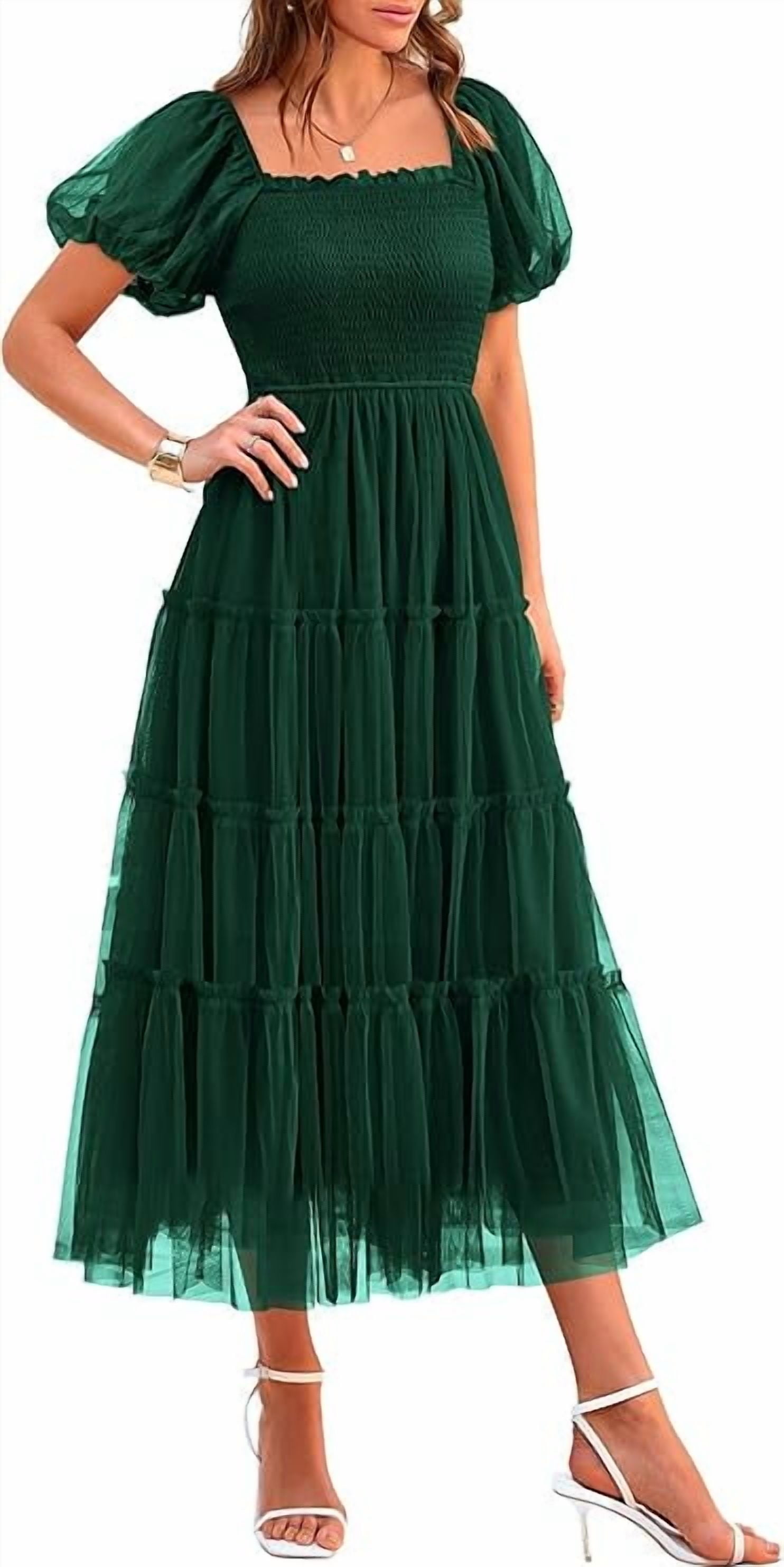 Prettygarden Women's Smocked Tulle Midi Dress Summer Square Neck Puffy Short Sleeve Ruffle Wedding Guest Party Dresses, Size: 2XL, Green