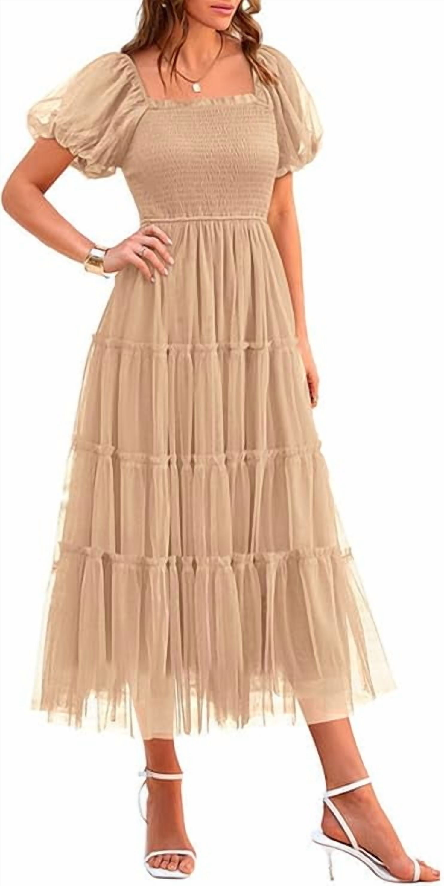Prettygarden Women's Smocked Tulle Midi Dress Summer Square Neck Puffy Short Sleeve Ruffle Wedding Guest Party Dresses, Size: 2XL, Beige