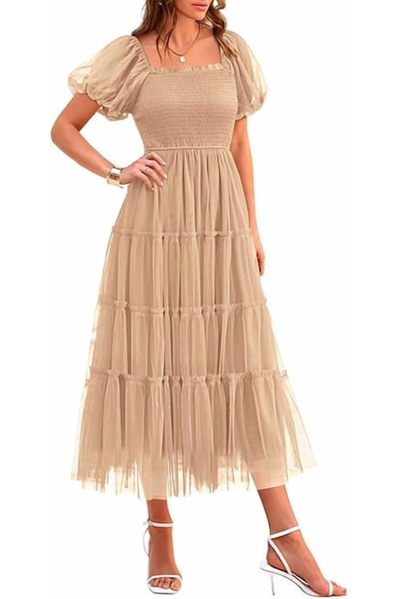 Women's Smocked Tulle Midi Dress Summer Square Neck Puffy Short Sleeve Ruffle Wedding Guest Party Dresses