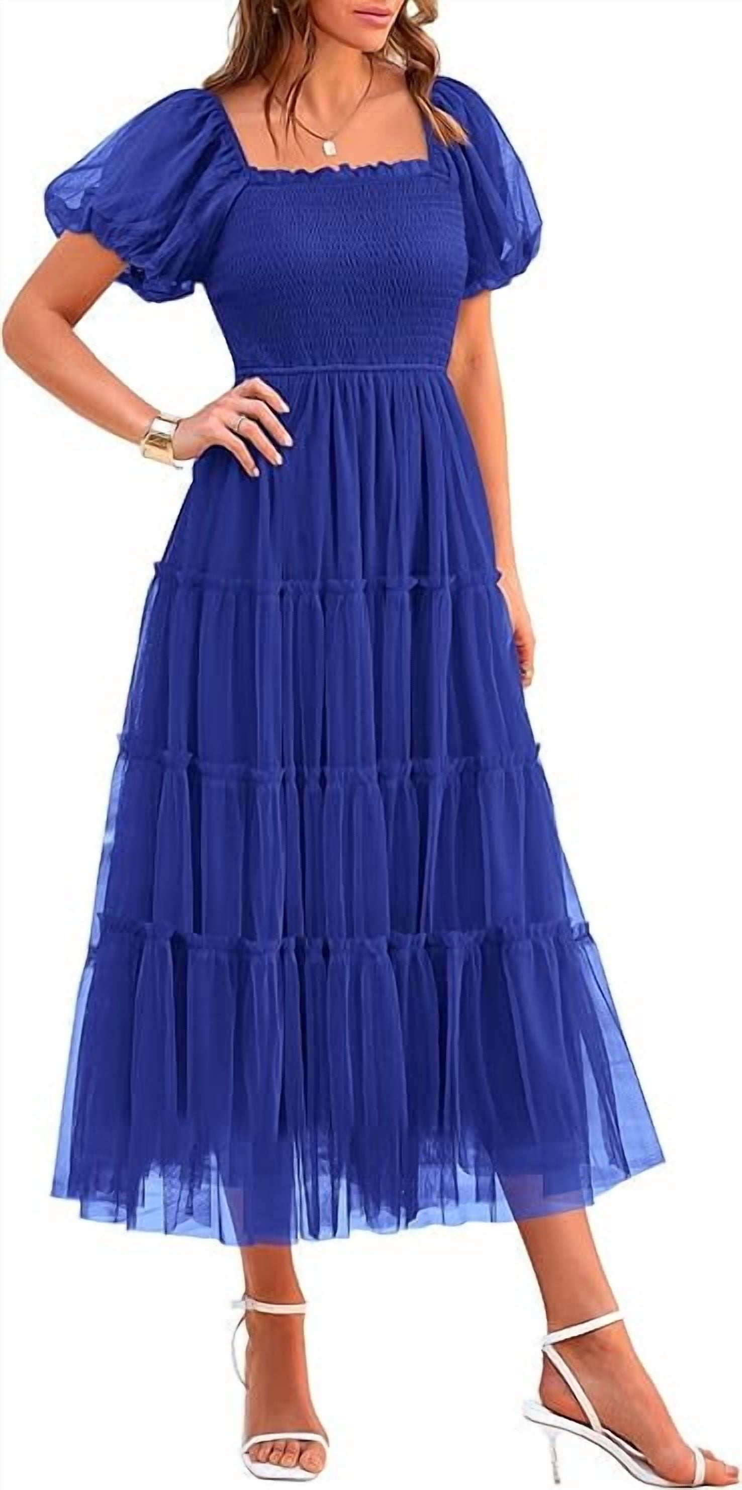 strapless open back dress Zapaka Women Champagne Prom Dress A-Line Floral Print Pleated Tiered Party Dress with Puff Sleeves, Champagne / US24W main image 0