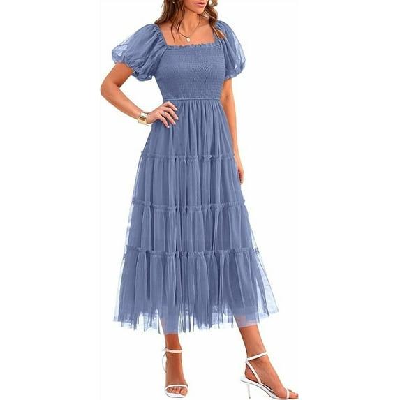 PRETTYGARDEN Women's Smocked Tulle Midi Dress Summer Square Neck Puffy Short Sleeve Ruffle Wedding Guest Party Dresses