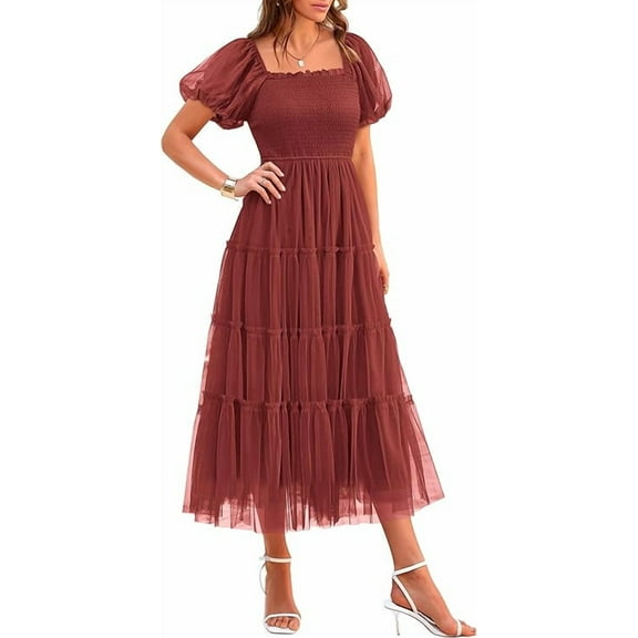 PRETTYGARDEN Women's Smocked Tulle Midi Dress Summer Square Neck Puffy Short Sleeve Ruffle Wedding Guest Party Dresses