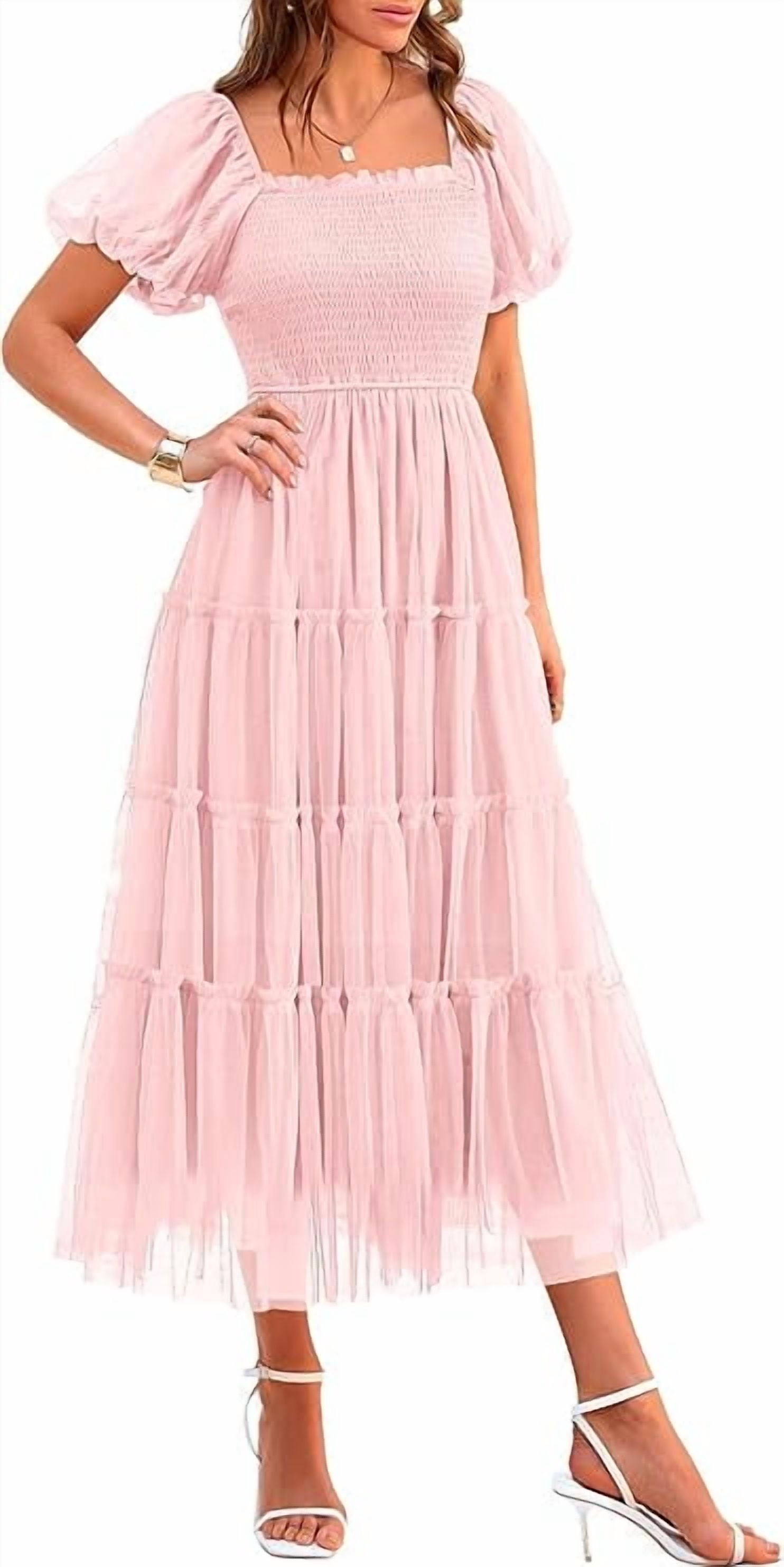 Neck Rufle PRETTYGARDEN Women's Smocked Tulle Midi Dress, Square Neck Puffy Short ...